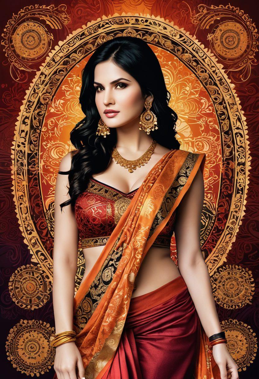 A captivating collage featuring a vibrant mix of traditional Indian motifs alongside modern digital elements symbolizing the adult industry. The central figure should be a stylish silhouette of Sunny Leone, with her name artistically integrated into the design. Surround the silhouette with impactful visuals such as film reels, cultural icons, and diverse expressions of femininity. The overall color scheme should be bold and dynamic, blending warm tones with cool accents. digital art, bold colors, cultural fusion.